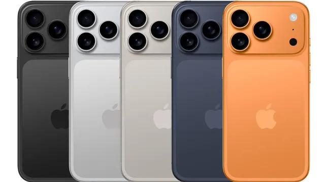 iPhone 17 Pro en tres colores: azul marino, naranja y plata